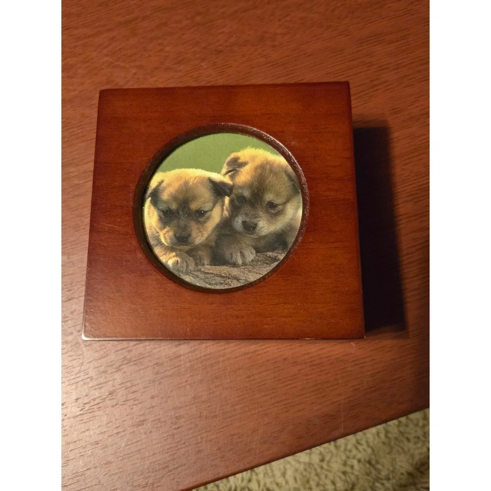 Kmart Vintage Wooden Jewelry Box Puppy Photo Lid Cherry Finish Ring Organizer